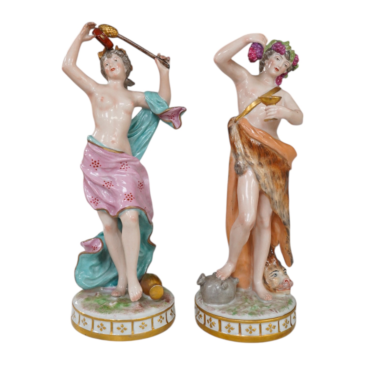 A pair of German porcelain figures, 22cm. Condition - fair to good